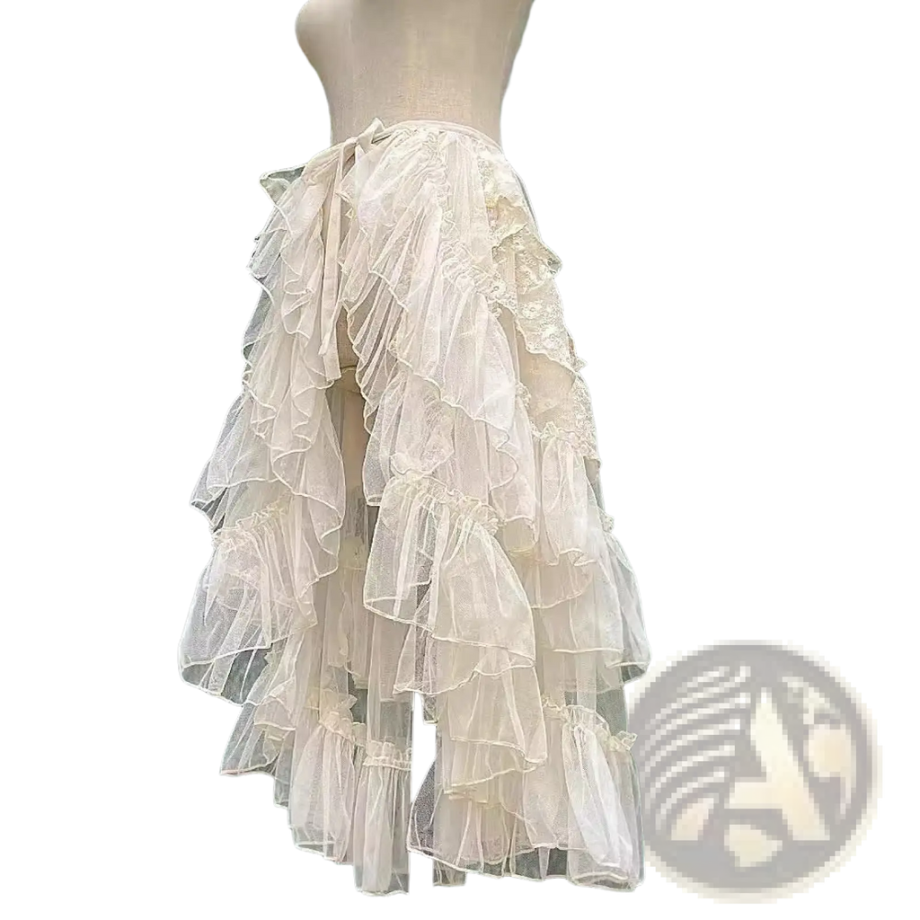 Japanese style long lolita niche design veil skirt in off-white tiered tulle with ruffled layers and lace detailing