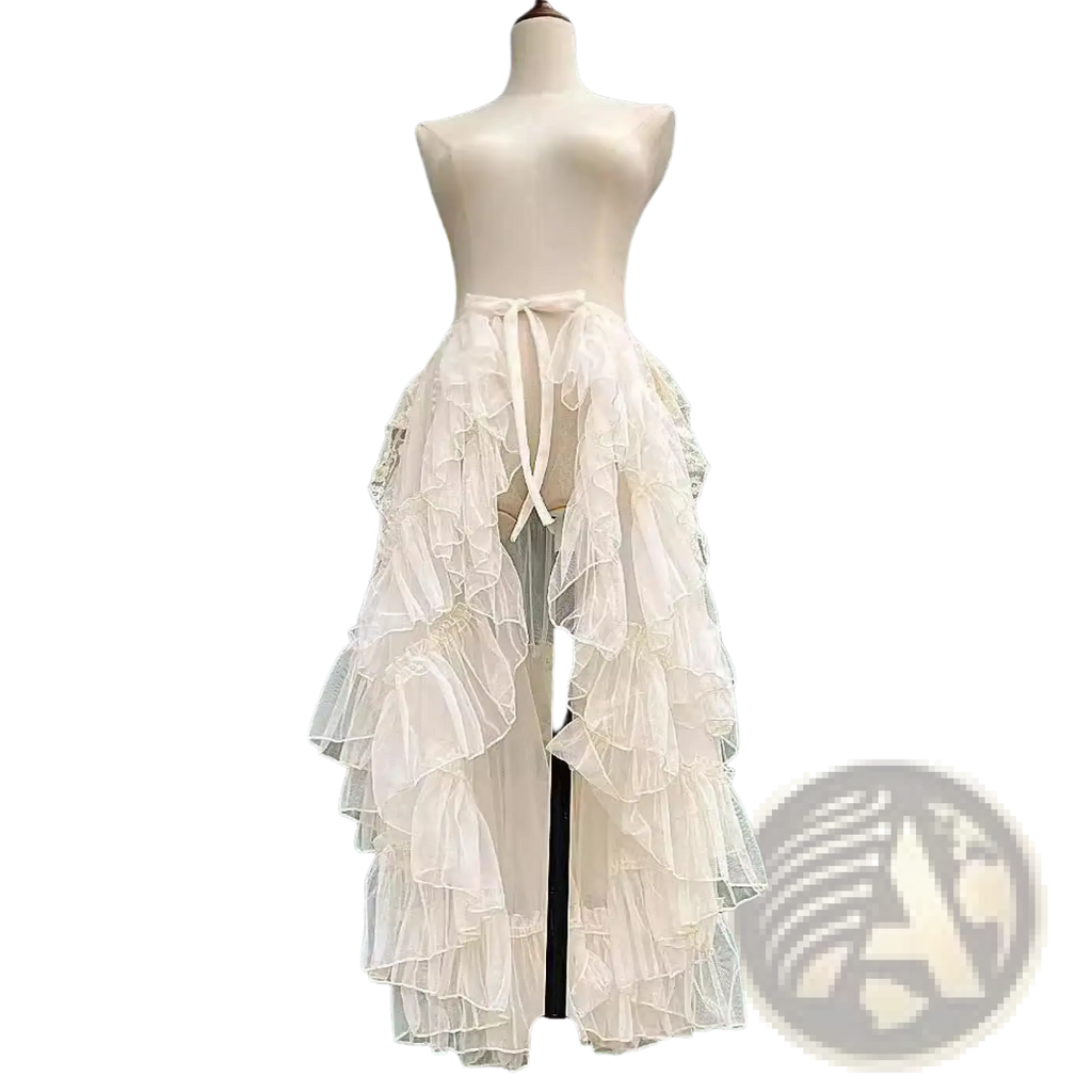 Japanese style long lolita niche design veil skirt in off-white multi-layered tulle with tied waistband