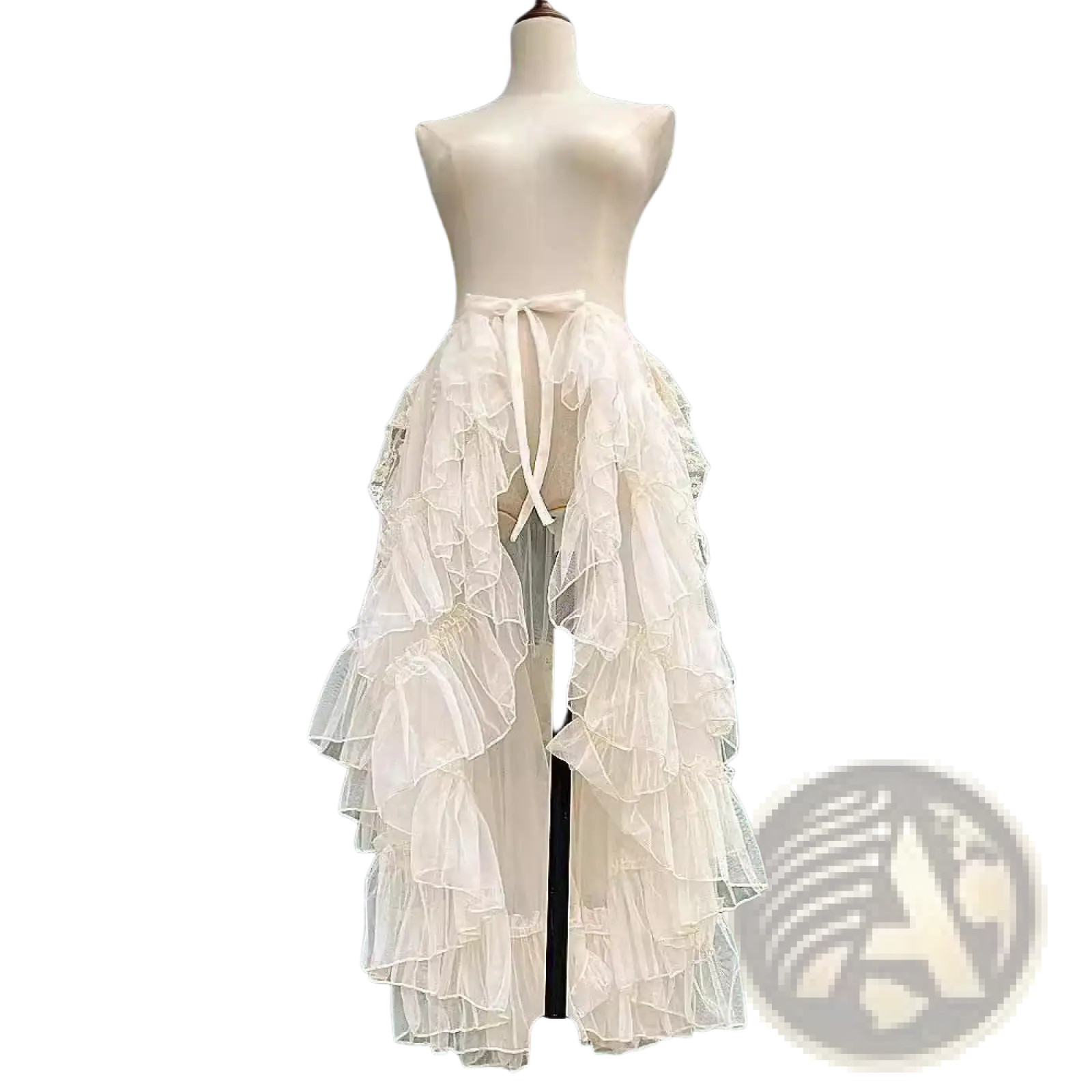 Japanese style long lolita niche design veil skirt in off-white multi-layered tulle with tied waistband