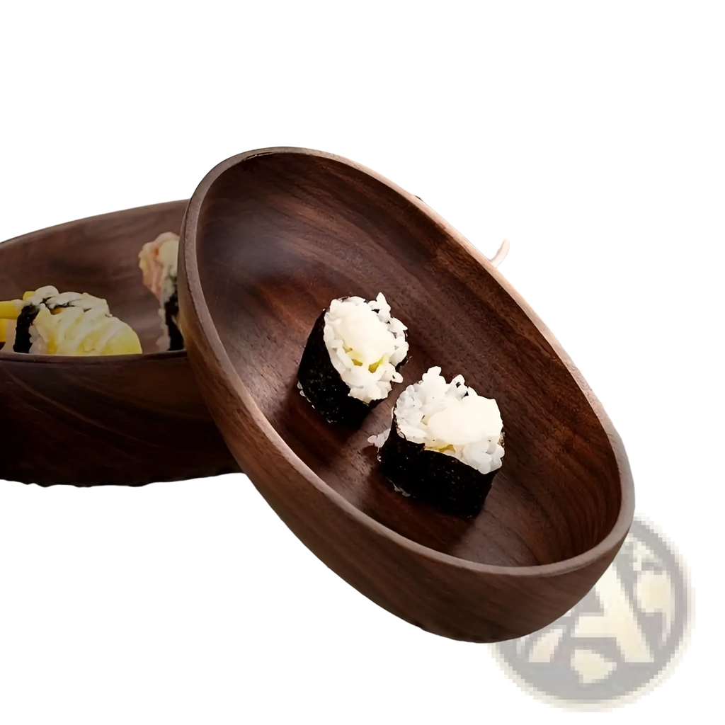 Dark brown wooden oval sushi platter with smooth polished finish and natural wood grain handcrafted in Japan