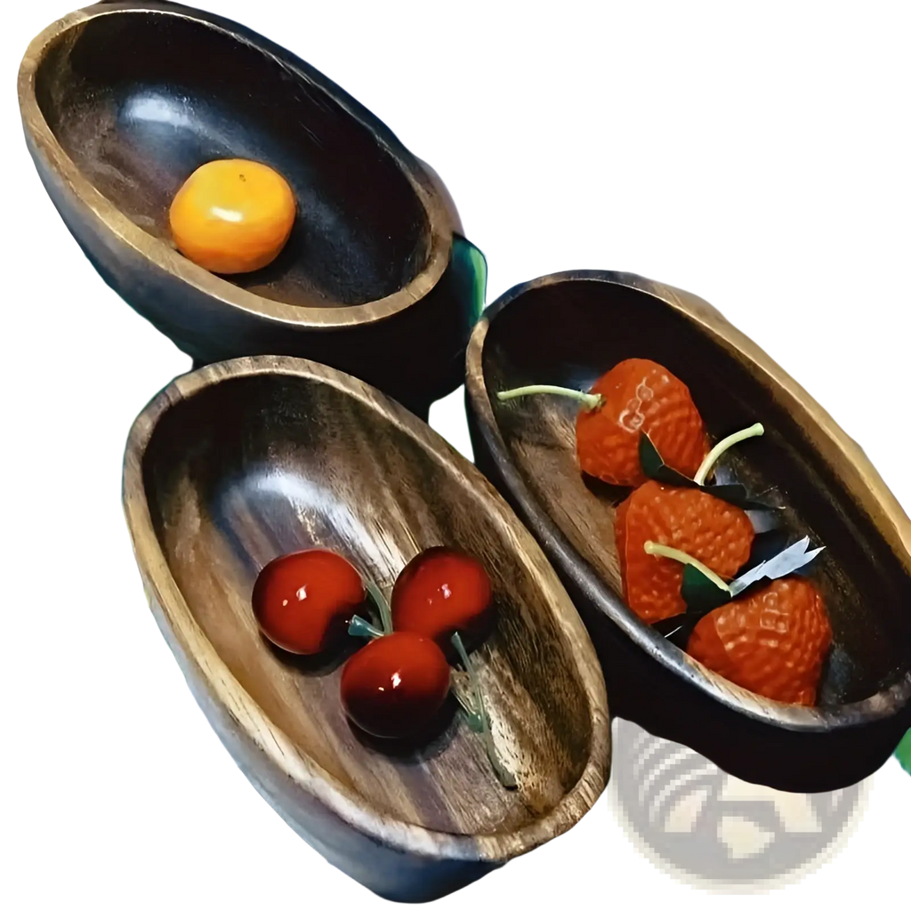 Three handcrafted wooden bowls with distinct dark wood finishes and natural grain for Japanese sushi platter set
