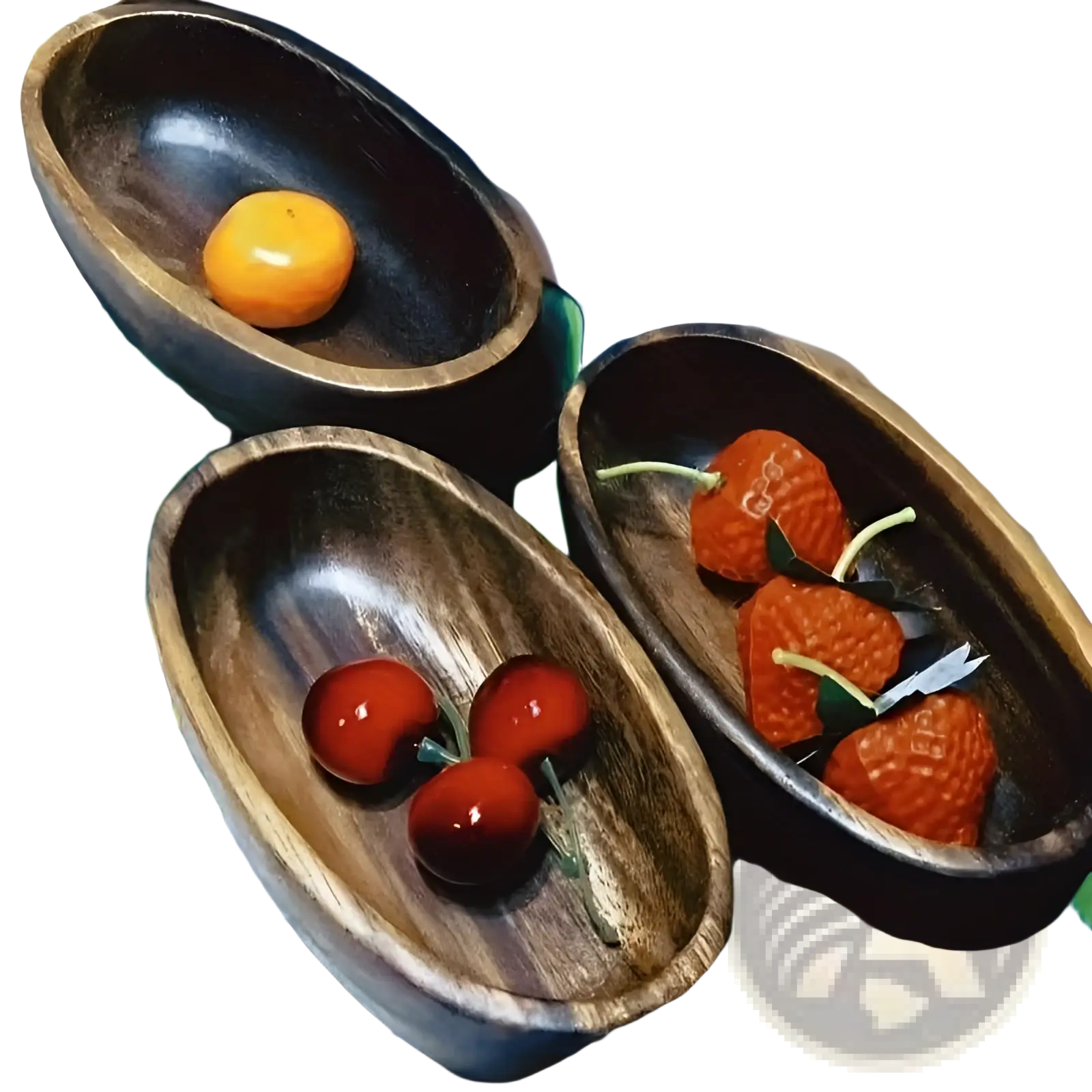 Three handcrafted wooden bowls with distinct dark wood finishes and natural grain for Japanese sushi platter set