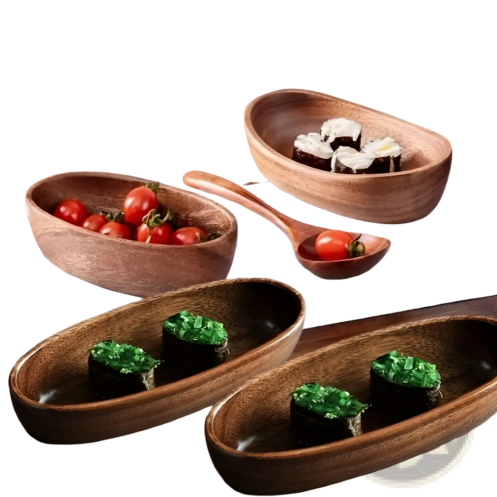 Set of oval handcrafted wooden serving bowls with natural finish holding cherry tomatoes and sushi rolls for Japanese sushi platter