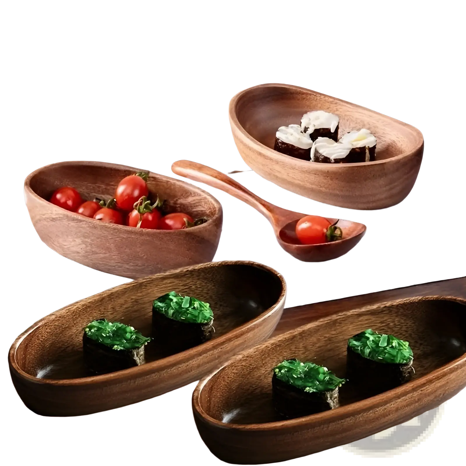 Set of oval handcrafted wooden serving bowls with natural finish holding cherry tomatoes and sushi rolls for Japanese sushi platter