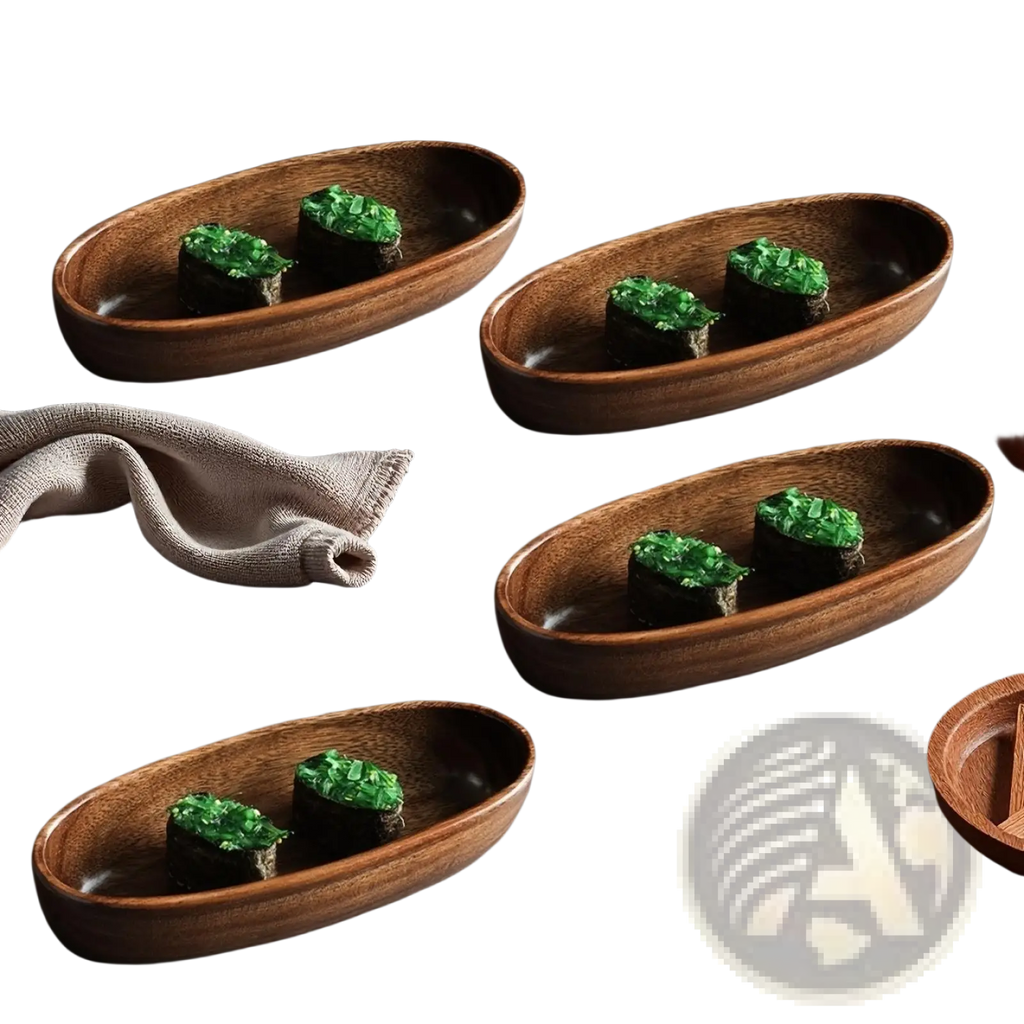 Set of four oval handcrafted wooden sushi serving plates each with two sushi pieces topped with green garnish