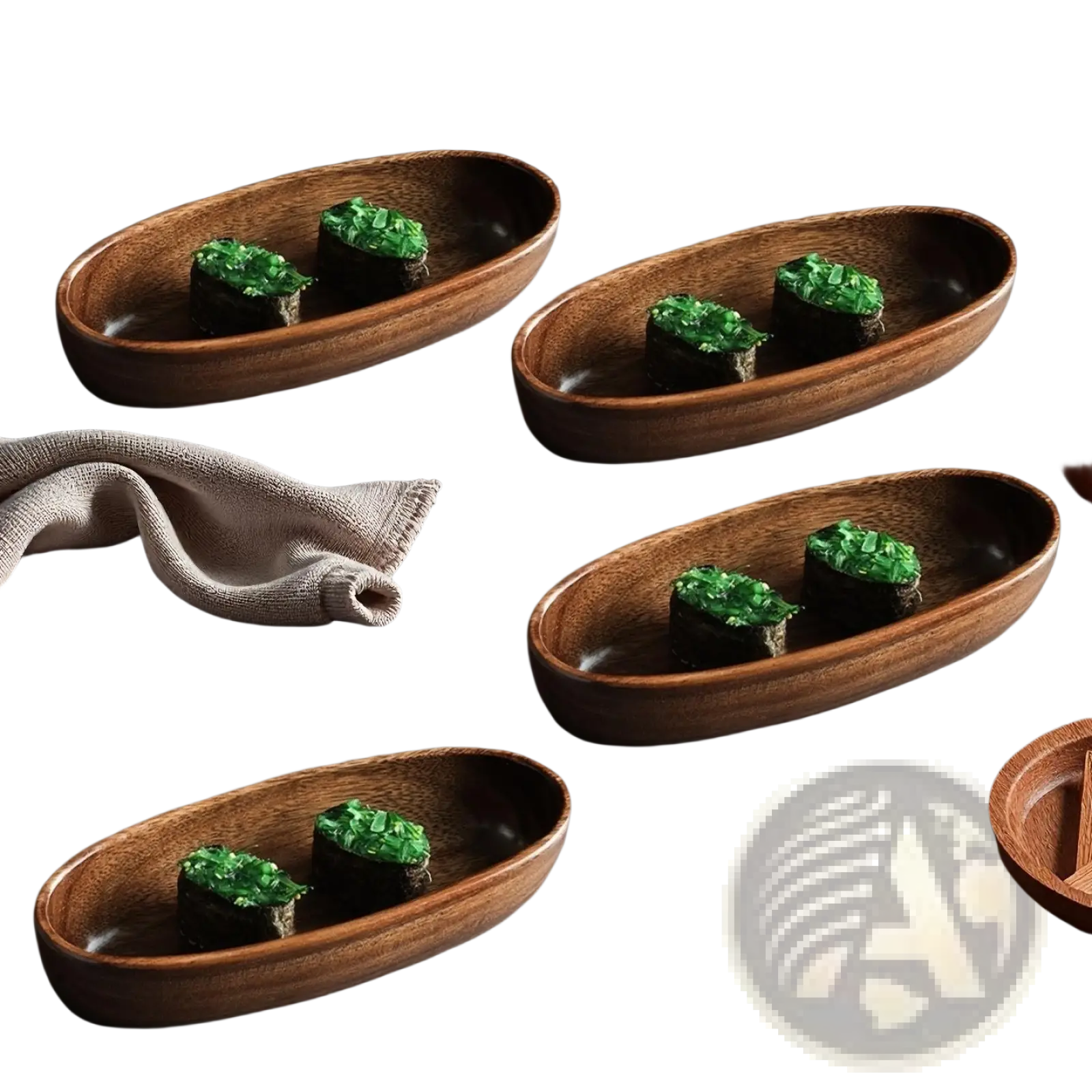 Set of four oval handcrafted wooden sushi serving plates each with two sushi pieces topped with green garnish