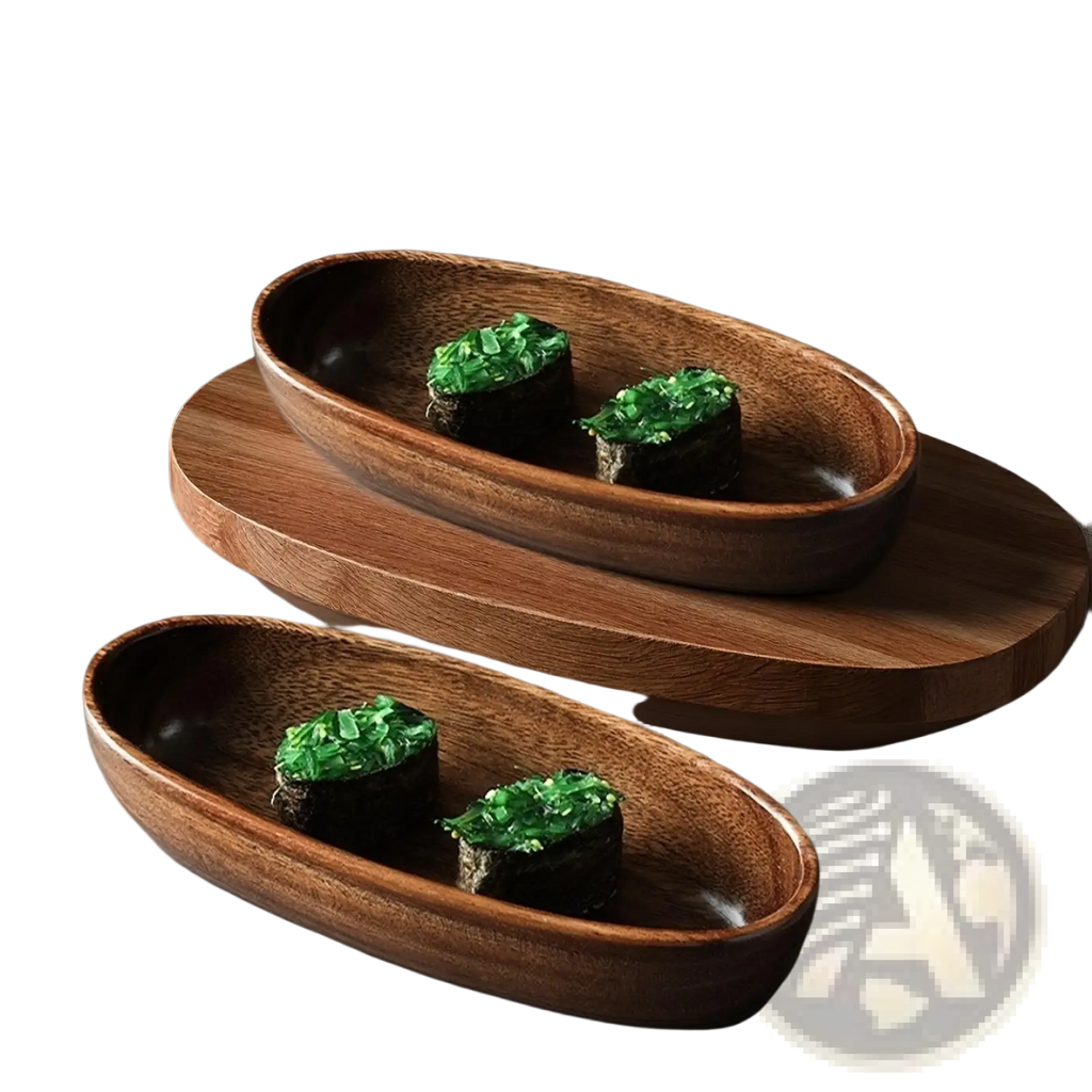 Two oval-shaped wooden serving bowls with natural wood grain finish from Japanese sushi platter handcrafted wooden boat set