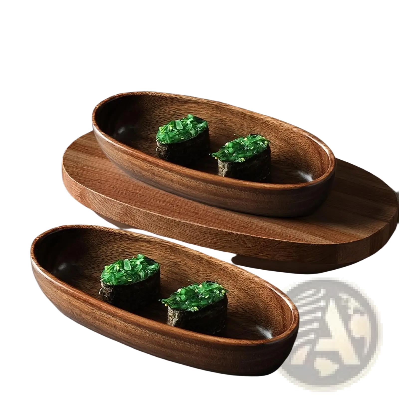Two oval-shaped wooden serving bowls with natural wood grain finish from Japanese sushi platter handcrafted wooden boat set