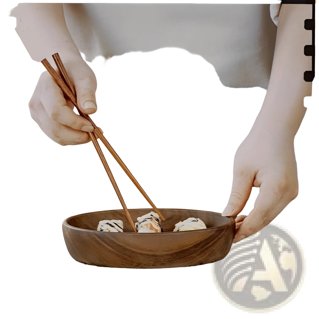 A rustic dark brown wooden bowl with smooth rounded rim and natural grain from a japanese sushi platter handcrafted wooden boat set