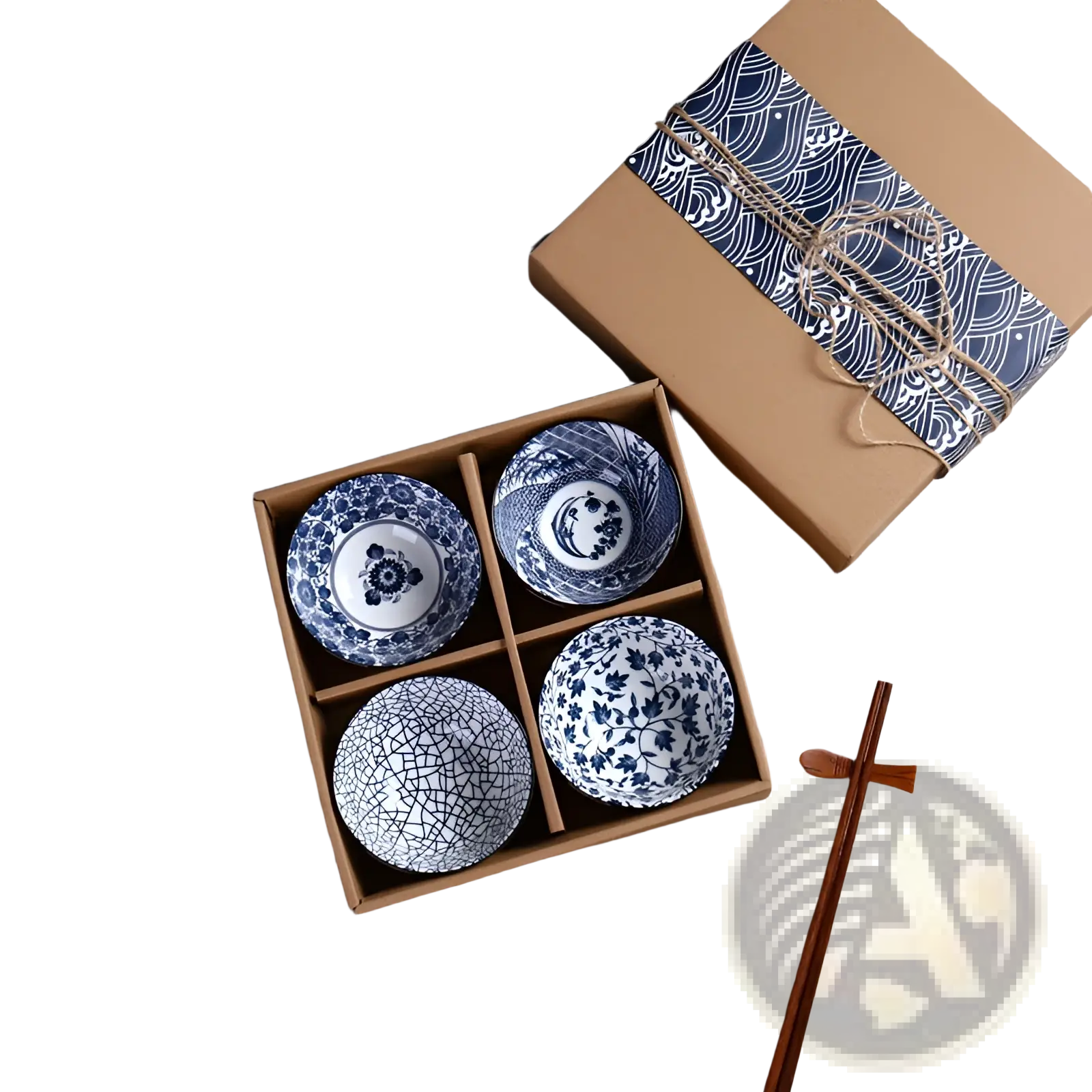 Set of four blue and white Japanese ceramic bowls with intricate floral patterns and a crackled glaze finish