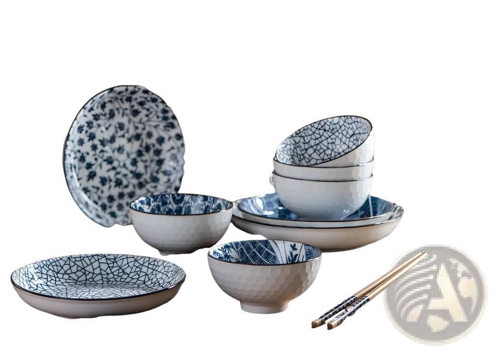 Blue and white ceramic bowl set with crackle glaze finish from japanese tableware 10 piece floral collection
