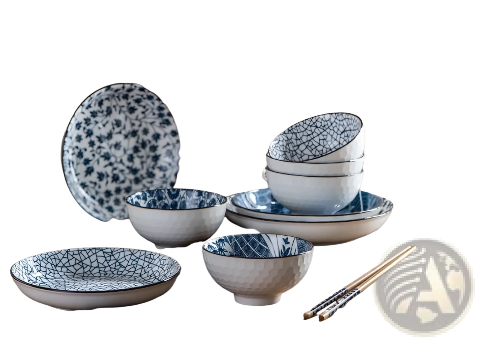 Blue and white ceramic bowl set with crackle glaze finish from japanese tableware 10 piece floral collection