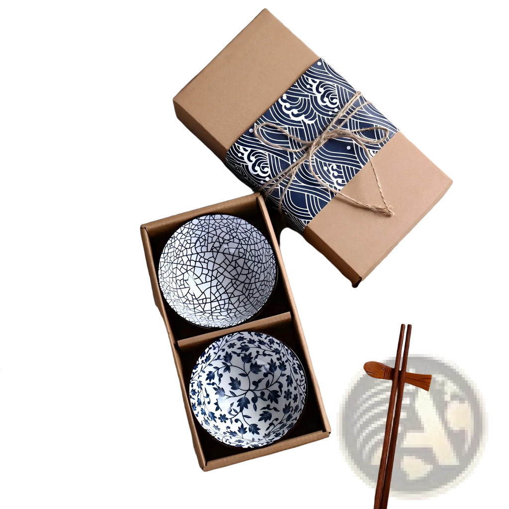 Set of two blue and white ceramic bowls with crackled glaze and floral patterns from japanese tableware set