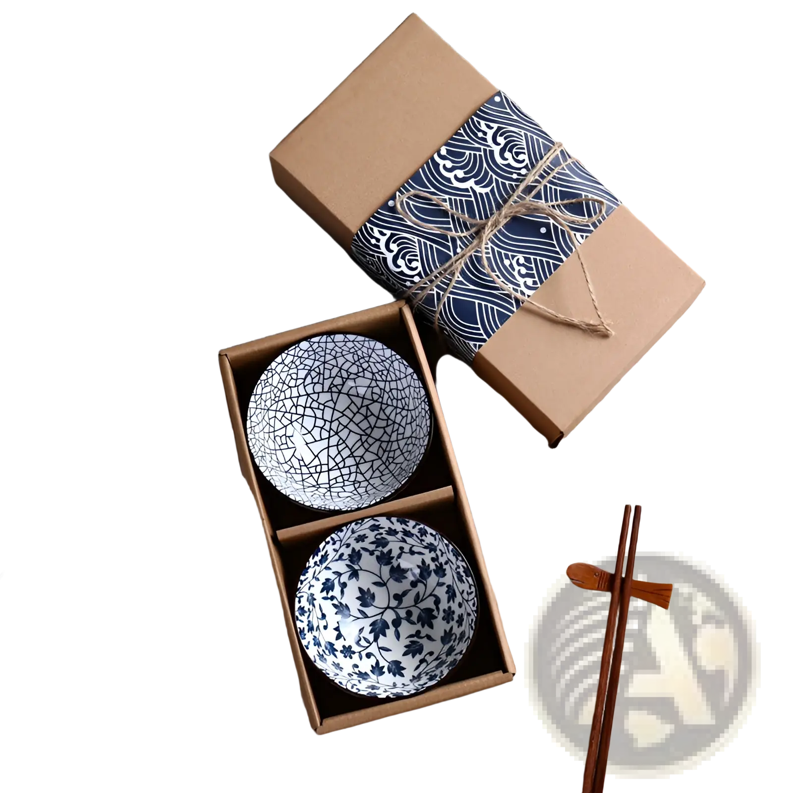 Set of two blue and white ceramic bowls with crackled glaze and floral patterns from japanese tableware set