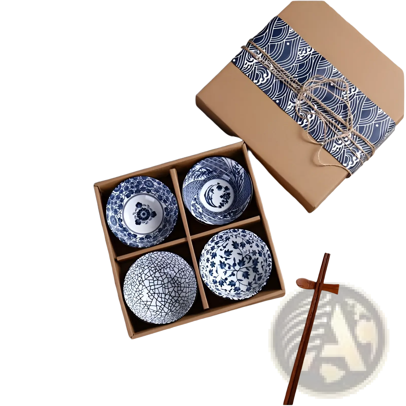 Set of four blue and white ceramic bowls with intricate floral moon and crackle glaze designs in wooden box