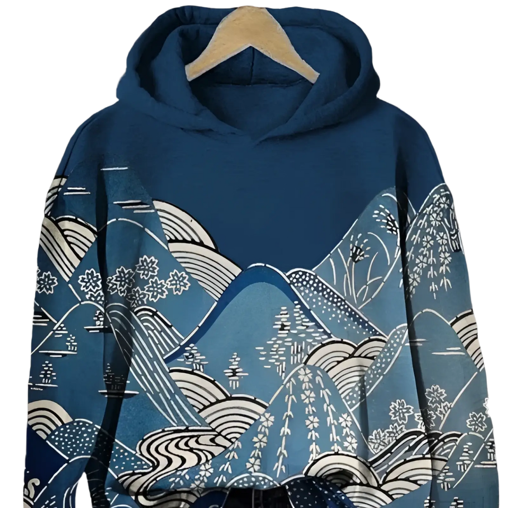 Blue hoodie with traditional Japanese wave and mountain pattern in white and lighter blue for casual wear