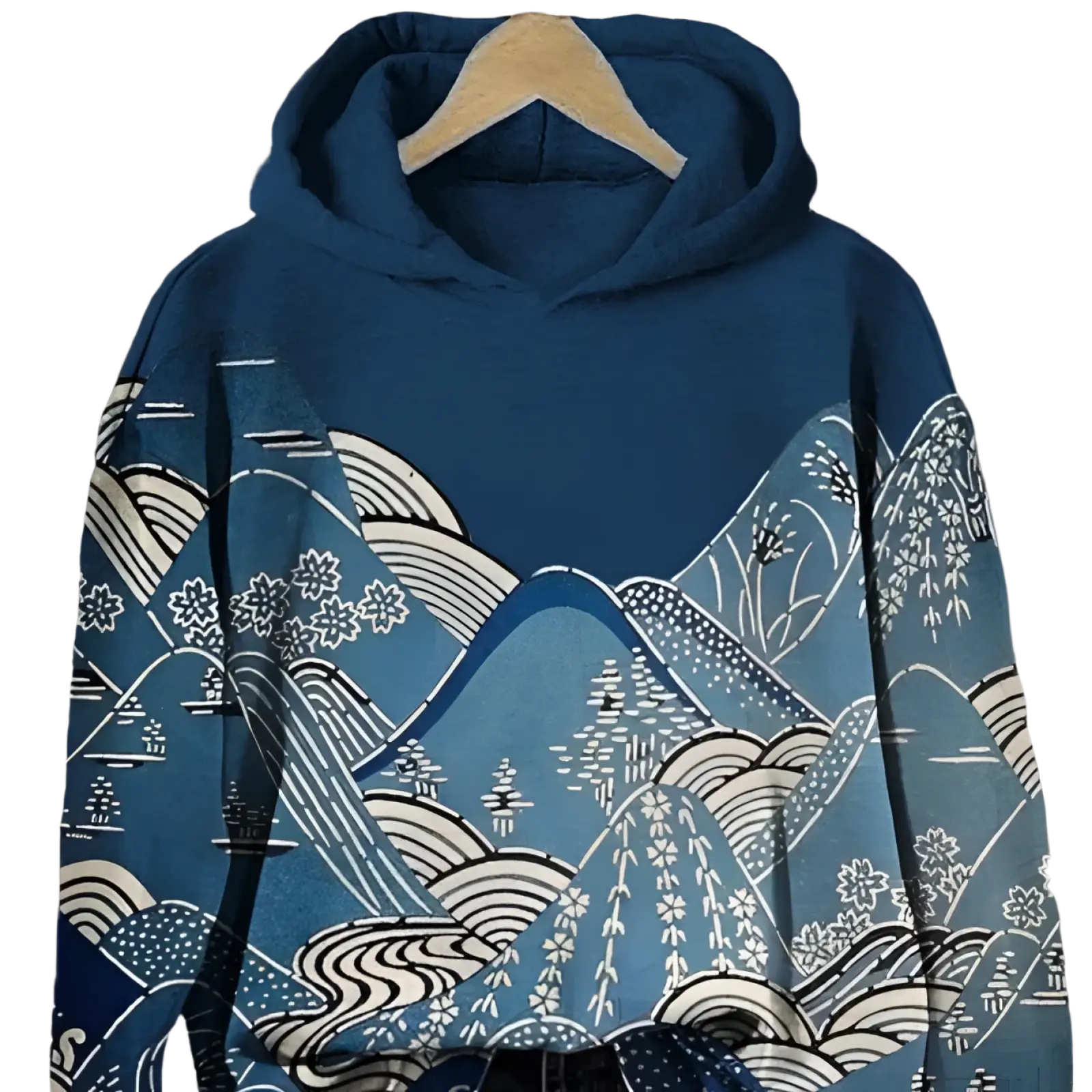 Blue hoodie with traditional Japanese wave and mountain pattern in white and lighter blue for casual wear