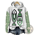 A light gray Japanese wave print hooded sweatshirt with a bold green and black fish graphic and geometric sleeve patterns