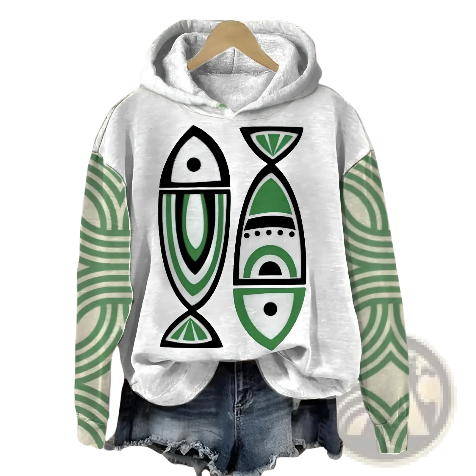 A light gray Japanese wave print hooded sweatshirt with a bold green and black fish graphic and geometric sleeve patterns