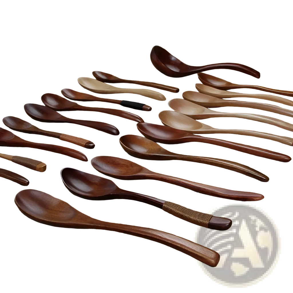 Set of handcrafted Japanese wooden honey spoons in various natural wood tones with textured and wrapped hemu wood handles