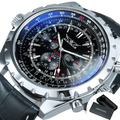 Jaragar automatic mechanical chronograph watch with silver case, black dial, blue accents, red-tipped hands, and leather strap