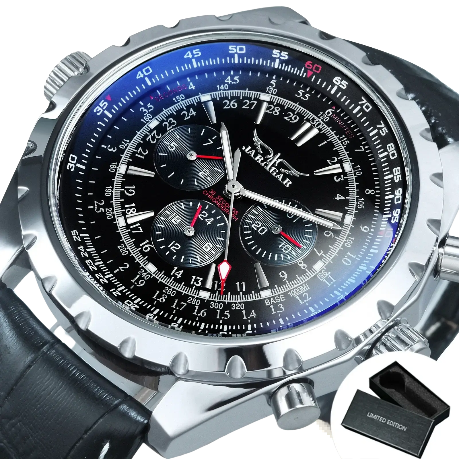 Jaragar automatic mechanical chronograph watch with silver case, black dial, blue accents, red-tipped hands, and leather strap