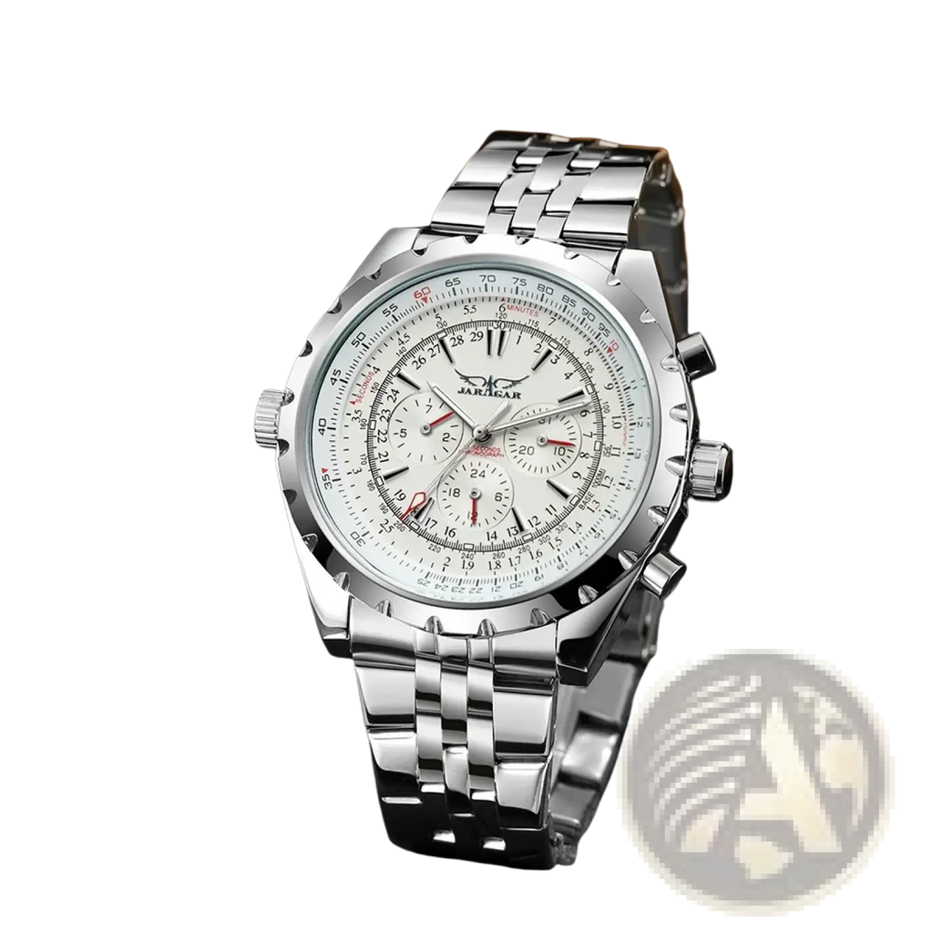 Silver stainless steel Jaragar automatic mechanical chronograph watch with white dial black and red hands and textured bezel