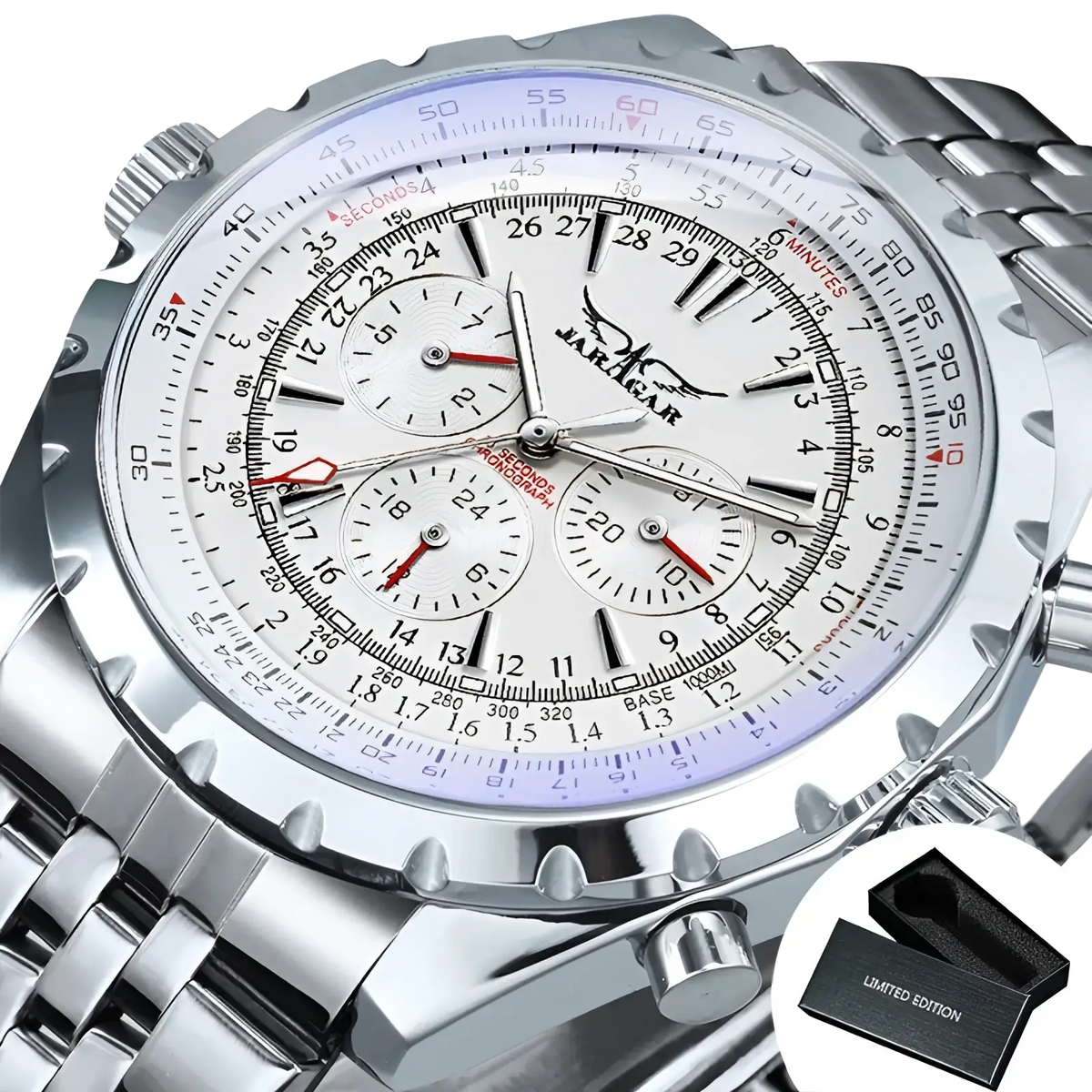 Jaragar automatic mechanical watch with a silver stainless steel case white dial black and red hands and leather strap
