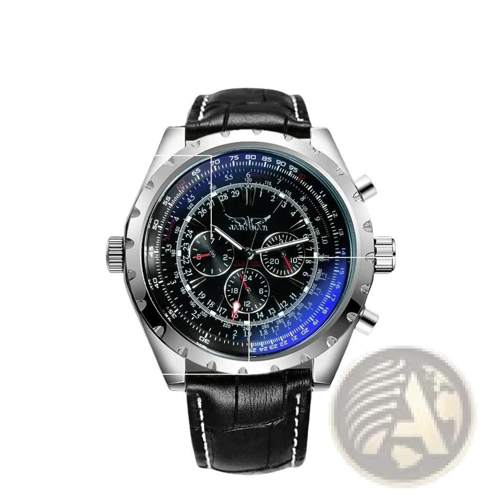 Jaragar automatic mechanical watch with silver chronograph dial, blue accents, and black leather strap