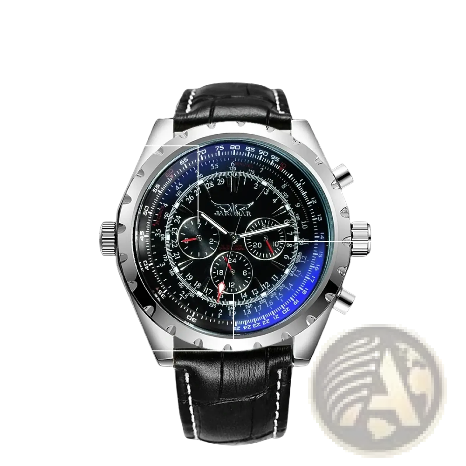 Jaragar automatic mechanical watch with silver chronograph dial, blue accents, and black leather strap