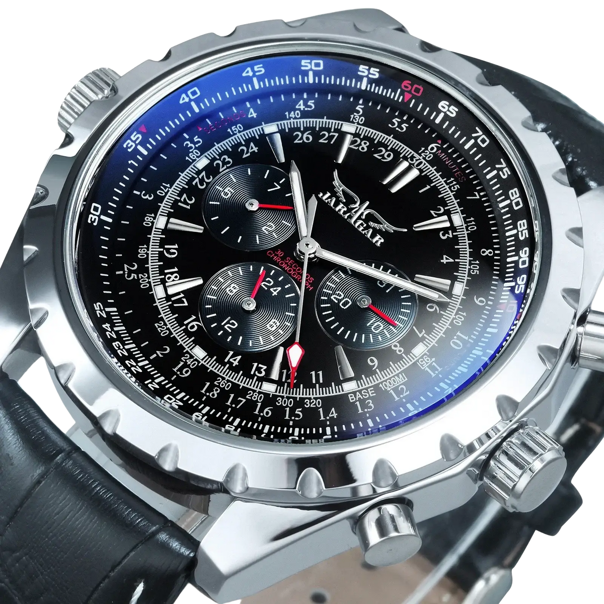 Jaragar automatic mechanical watch with silver chronograph case black dial blue ring and red hand accents on leather strap