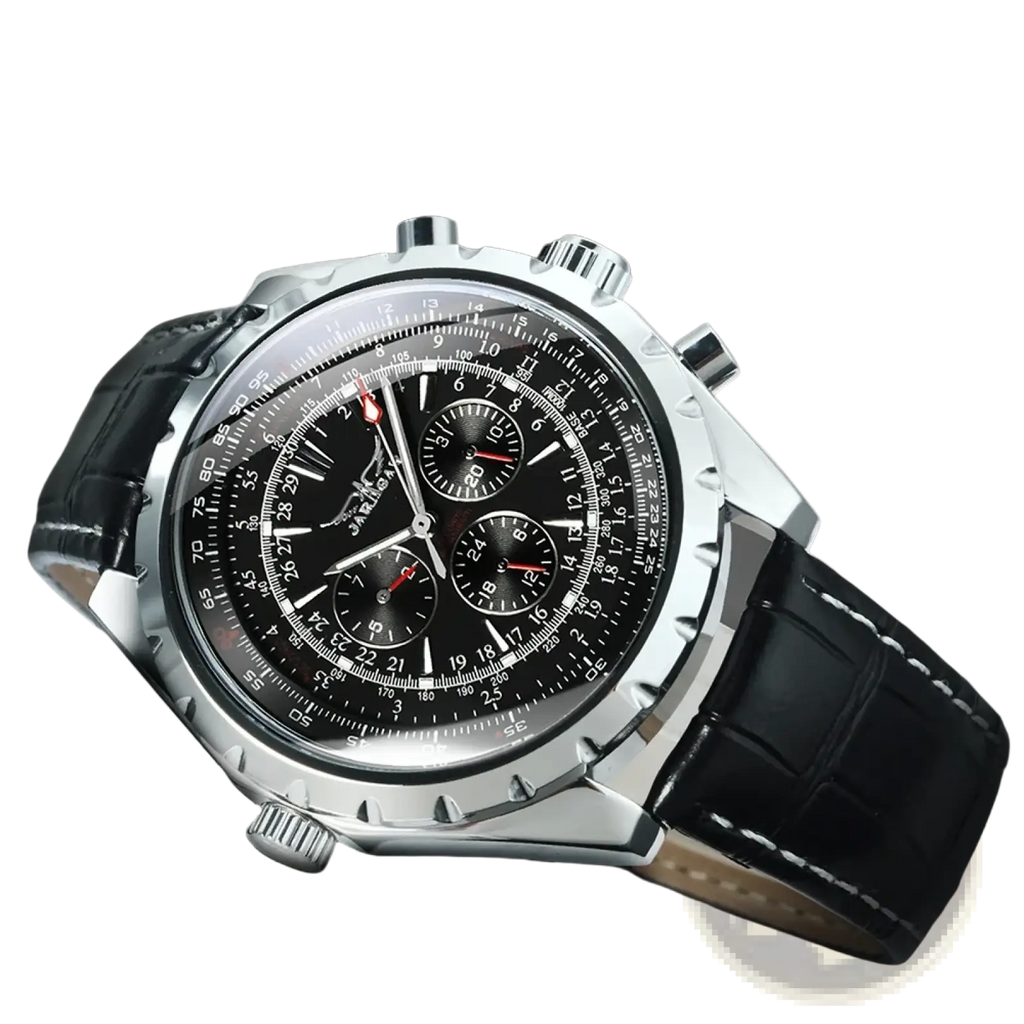 Silver-toned Jaragar automatic mechanical chronograph watch with black dial leather strap and white stitching