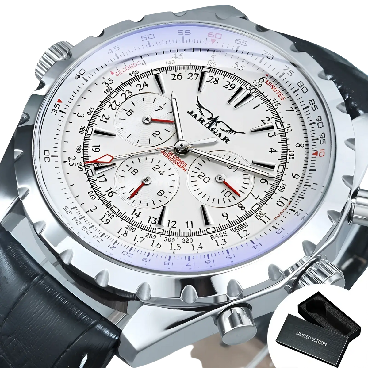 Jaragar automatic mechanical watch with silver chronograph, white dial, black leather strap, and red-hand subdials
