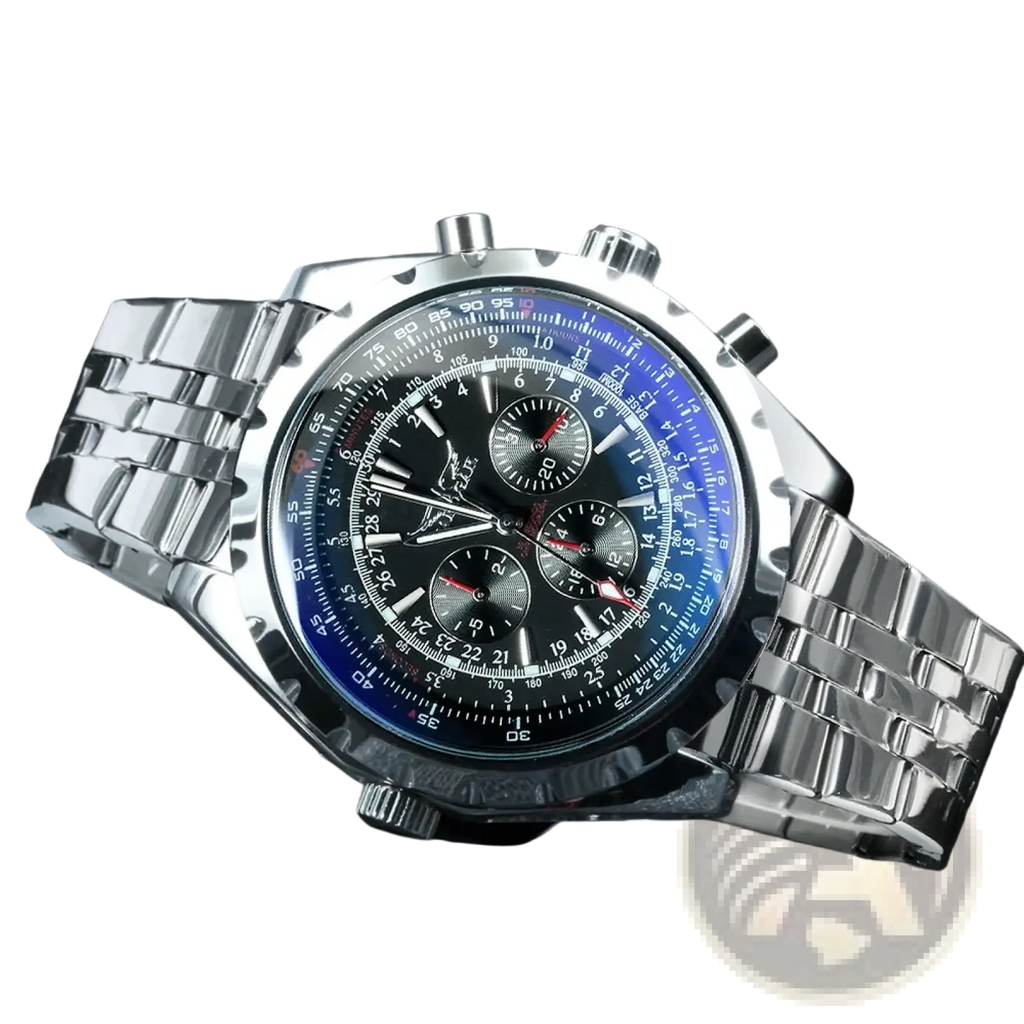 Jaragar automatic mechanical watch with silver stainless steel case black dial blue accent ring and three subdials