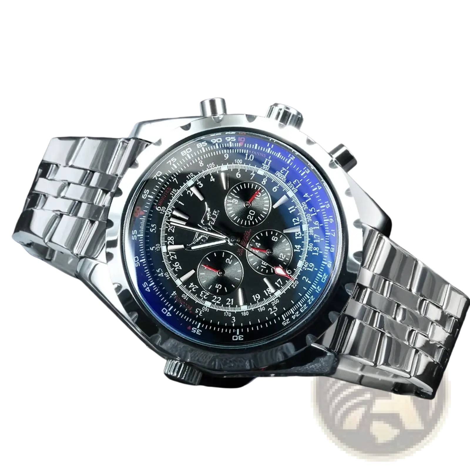 Jaragar automatic mechanical watch with silver stainless steel case black dial blue accent ring and three subdials