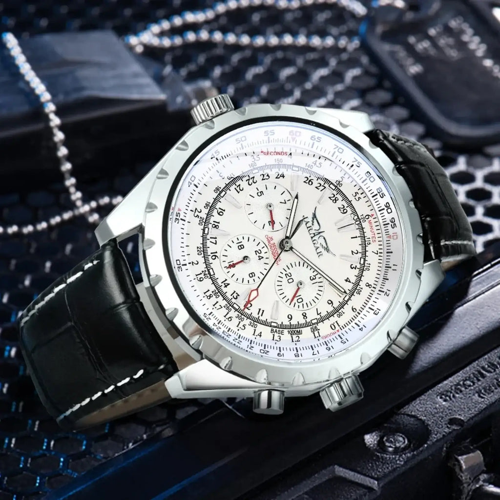 Jaragar automatic mechanical watch with silver chronograph case white dial and black leather strap with stitching