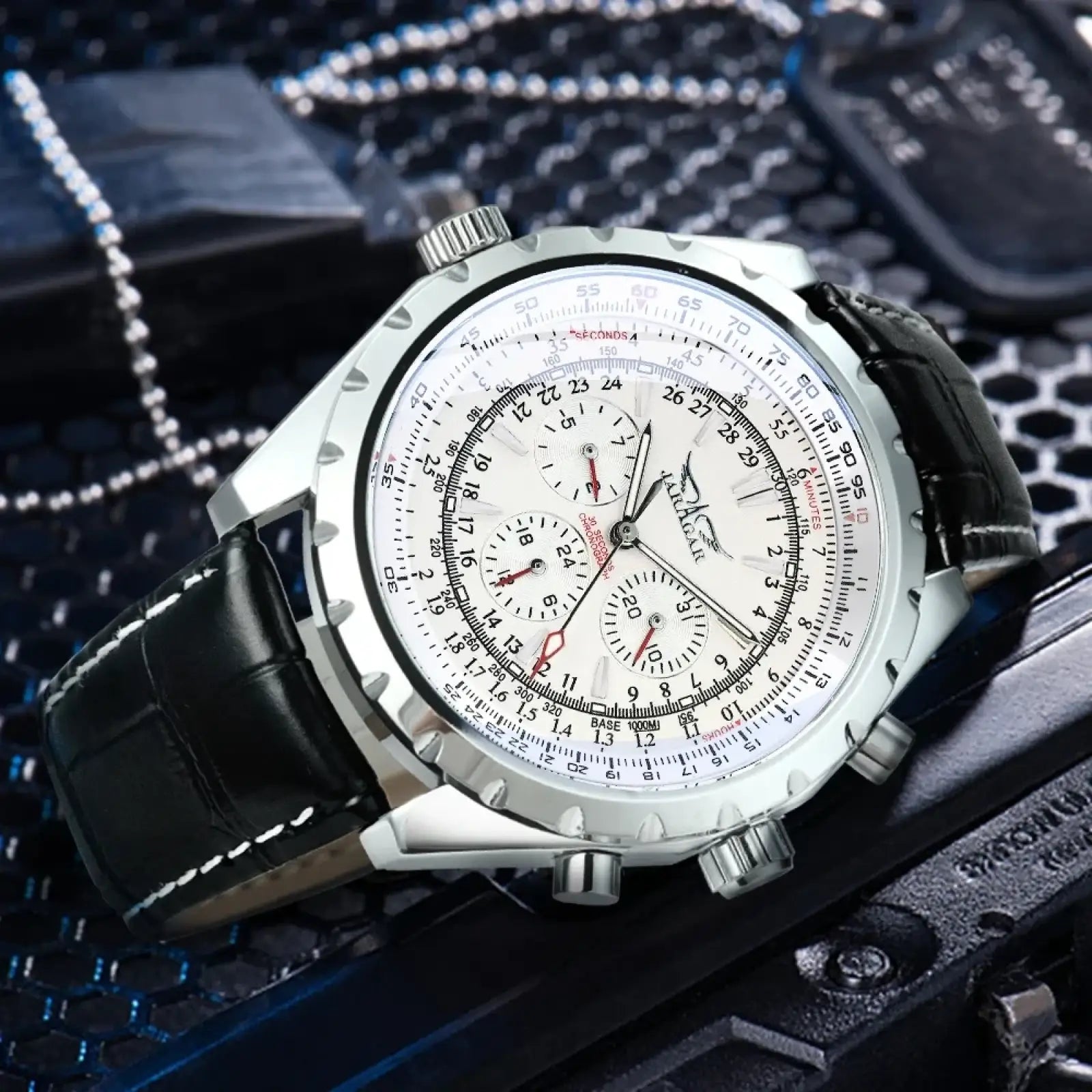 Jaragar automatic mechanical watch with silver chronograph case white dial and black leather strap with stitching