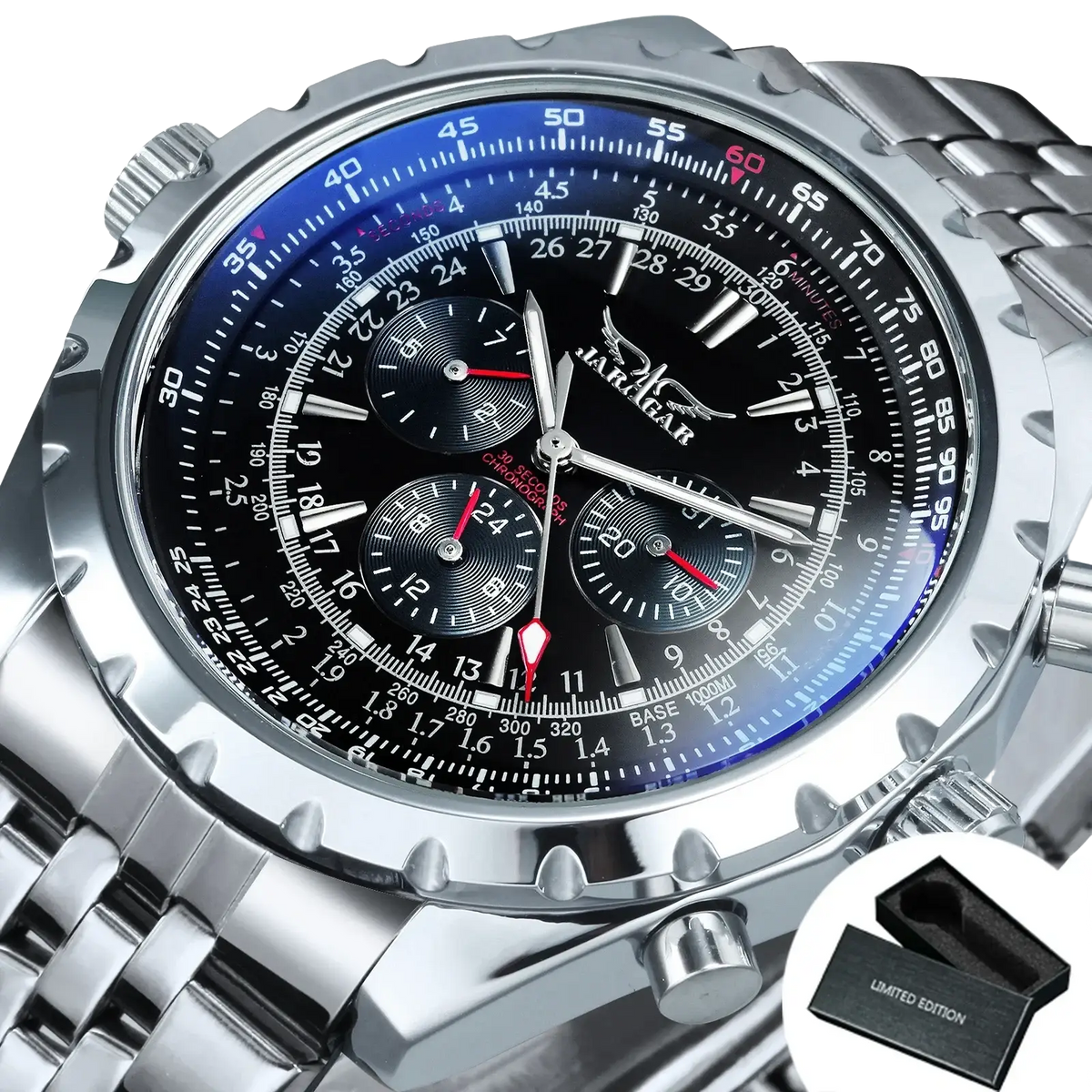 Silver-toned jaragar automatic mechanical chronograph watch with black dial blue ring and leather strap