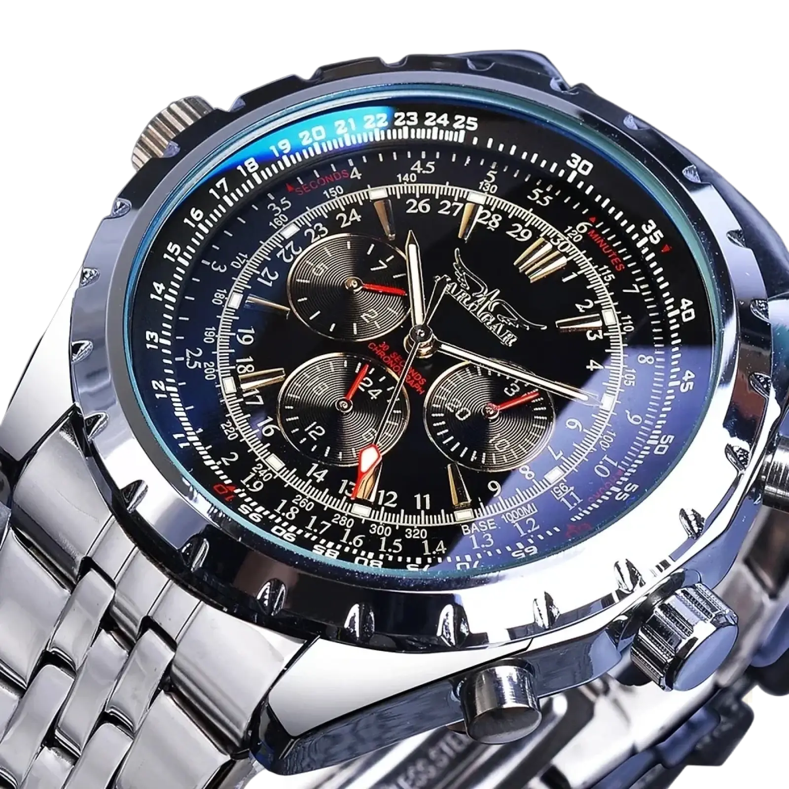 Jaragar automatic mechanical chronograph watch with silver case, black dial, blue bezel accents, and leather strap