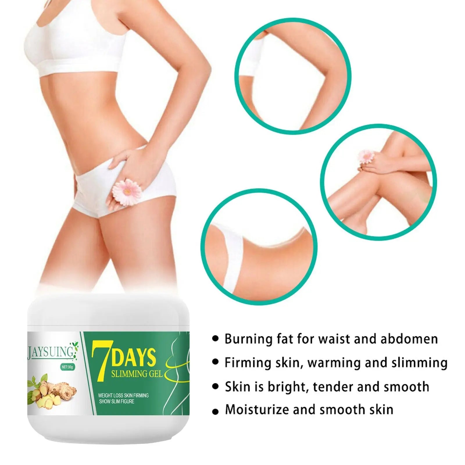 White cylindrical jar of Jaysuing 7 days slimming gel with green label and ginger illustrations for body slimming and skin tightening