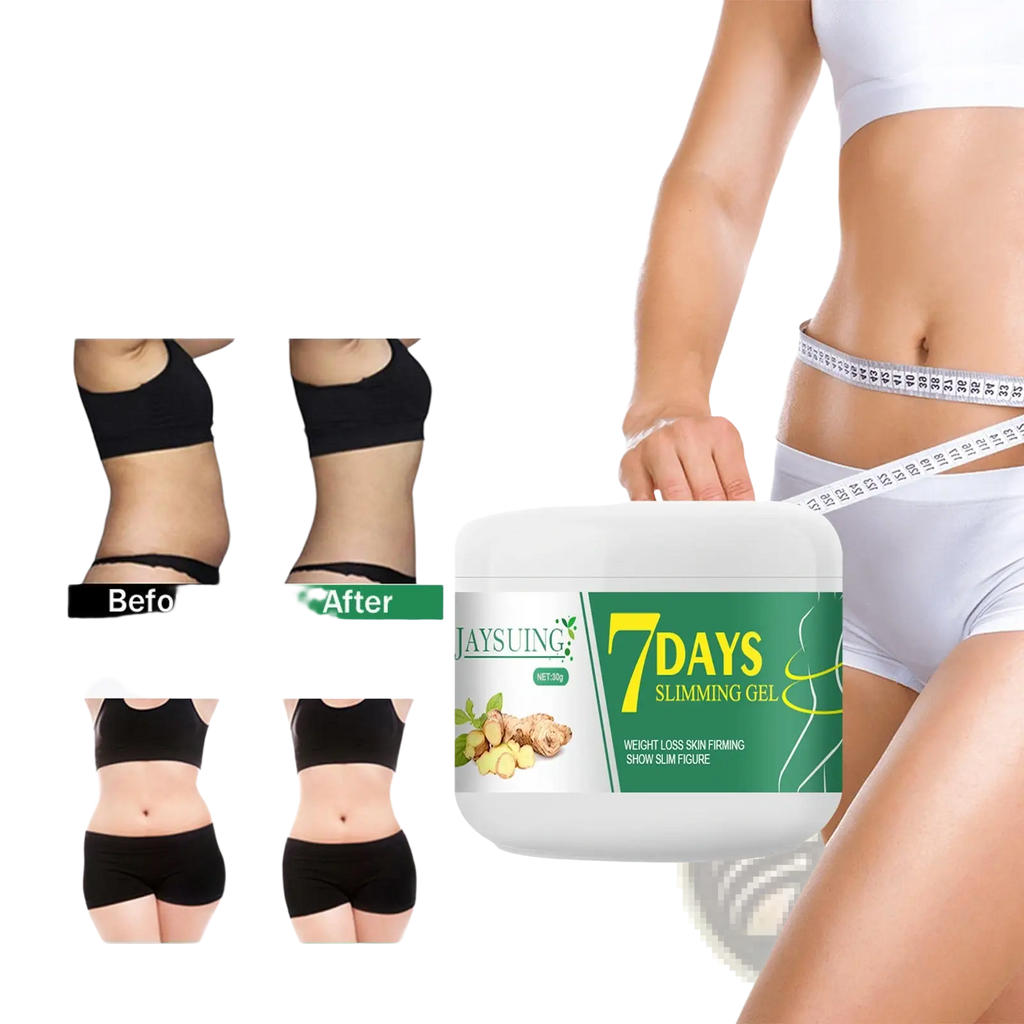 White plastic jar of Jaysung 7 days slimming gel with green label and ginger imagery for body slimming and skin tightening