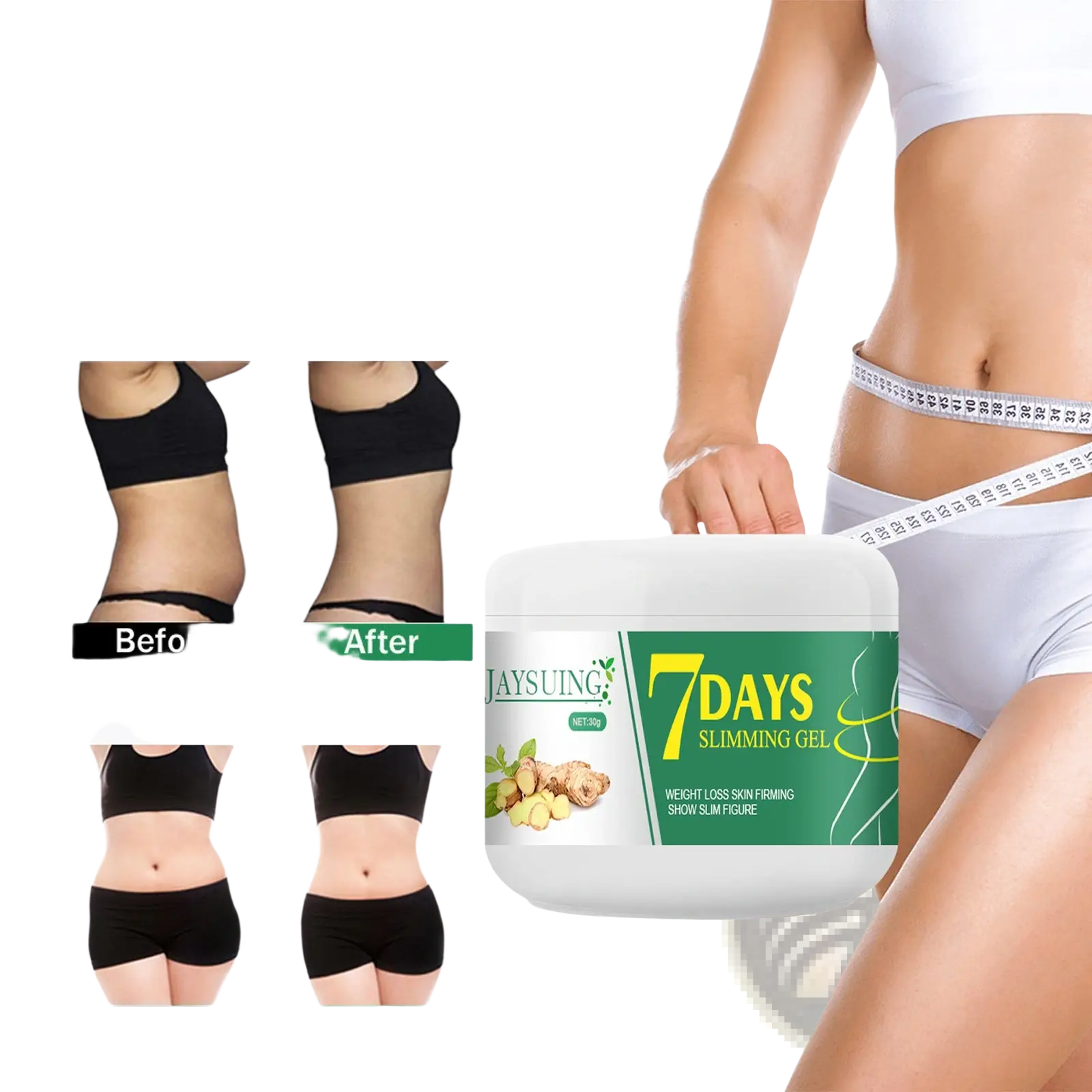 White plastic jar of Jaysung 7 days slimming gel with green label and ginger imagery for body slimming and skin tightening