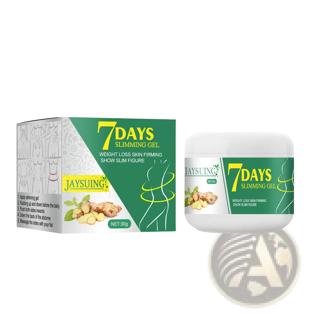Green and white packaged Jaysuing ginger body slimming and skin tightening gel with ginger imagery on box and jar