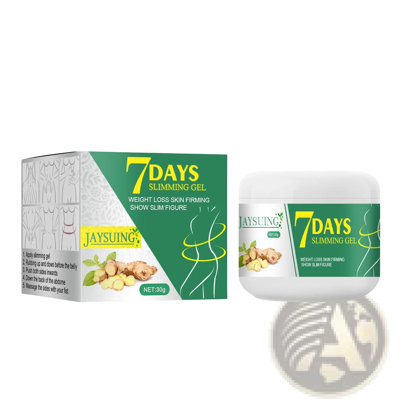Green and white packaged Jaysuing ginger body slimming and skin tightening gel with ginger imagery on box and jar