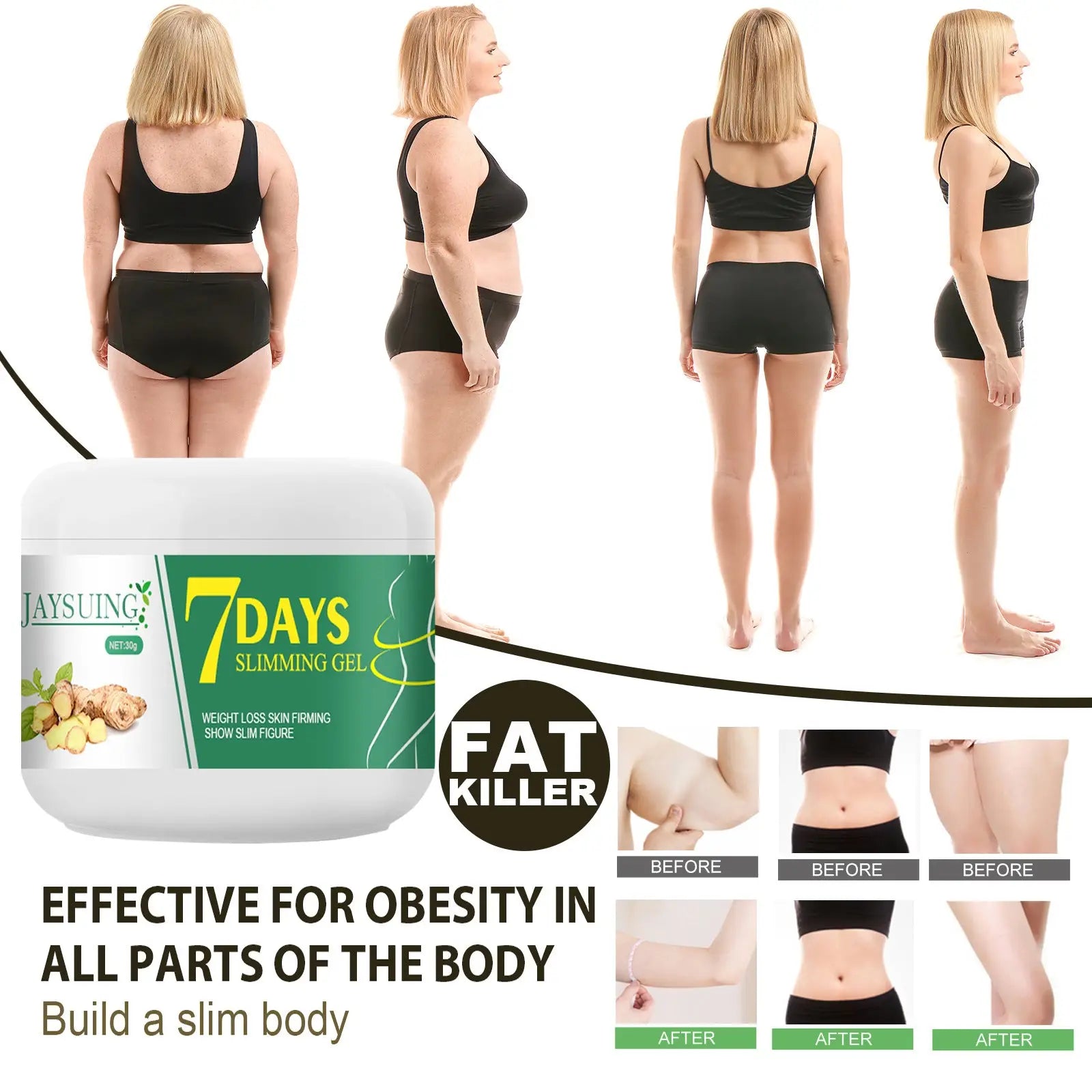 White jar of Jaysuing ginger body slimming and skin tightening gel with green label and ginger imagery