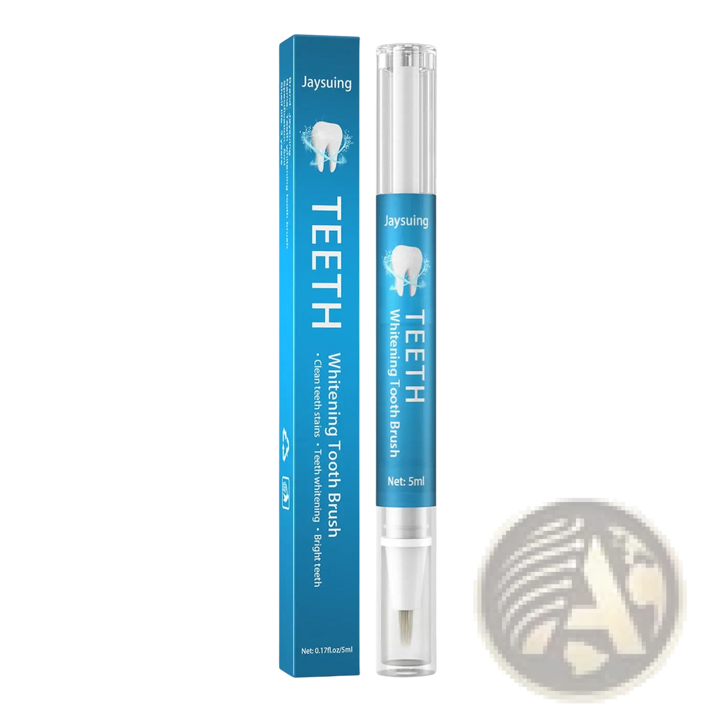 Blue jaysuing herbal teeth whitening and stain remover pen with white bristles and silver tip in clear tube