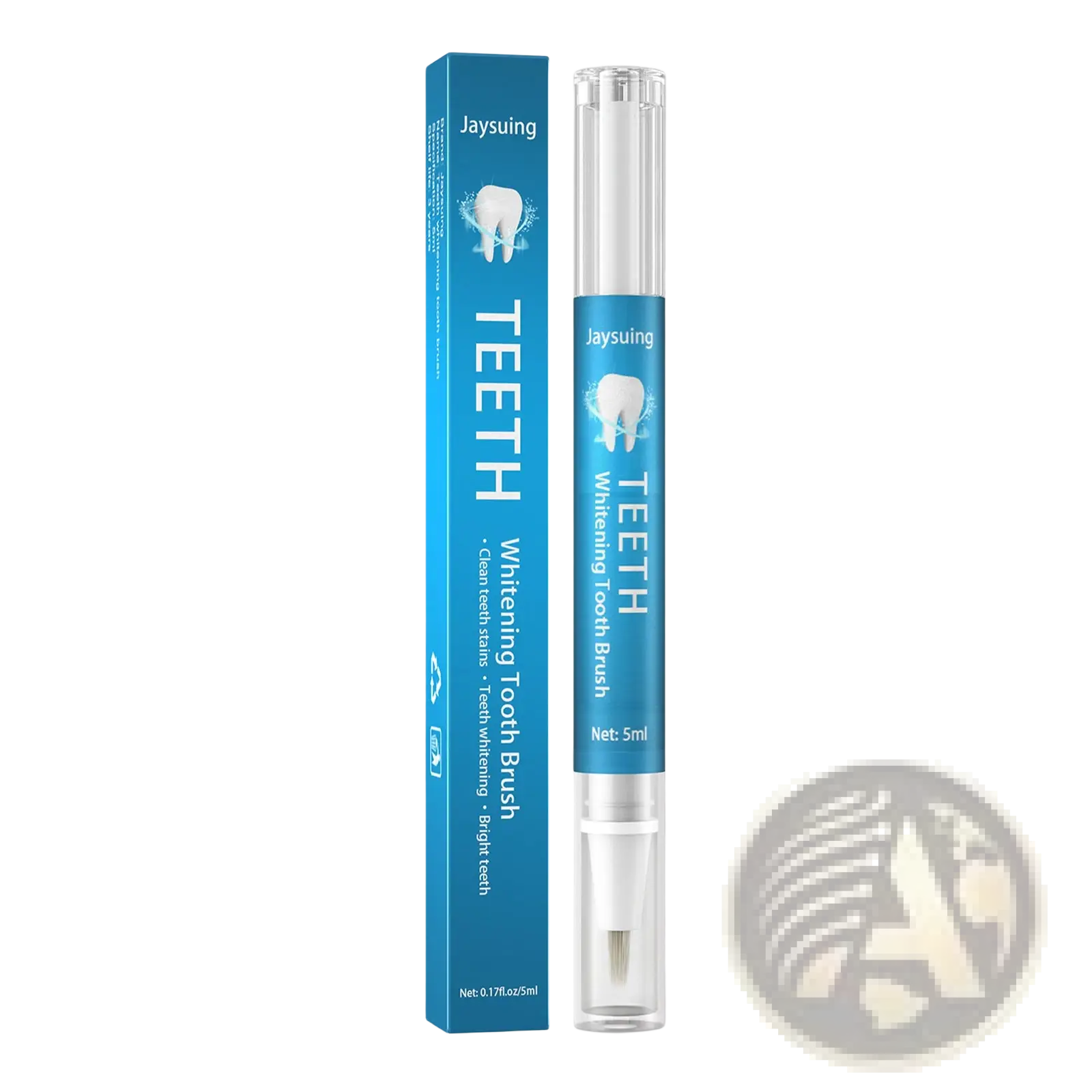 Blue jaysuing herbal teeth whitening and stain remover pen with white bristles and silver tip in clear tube
