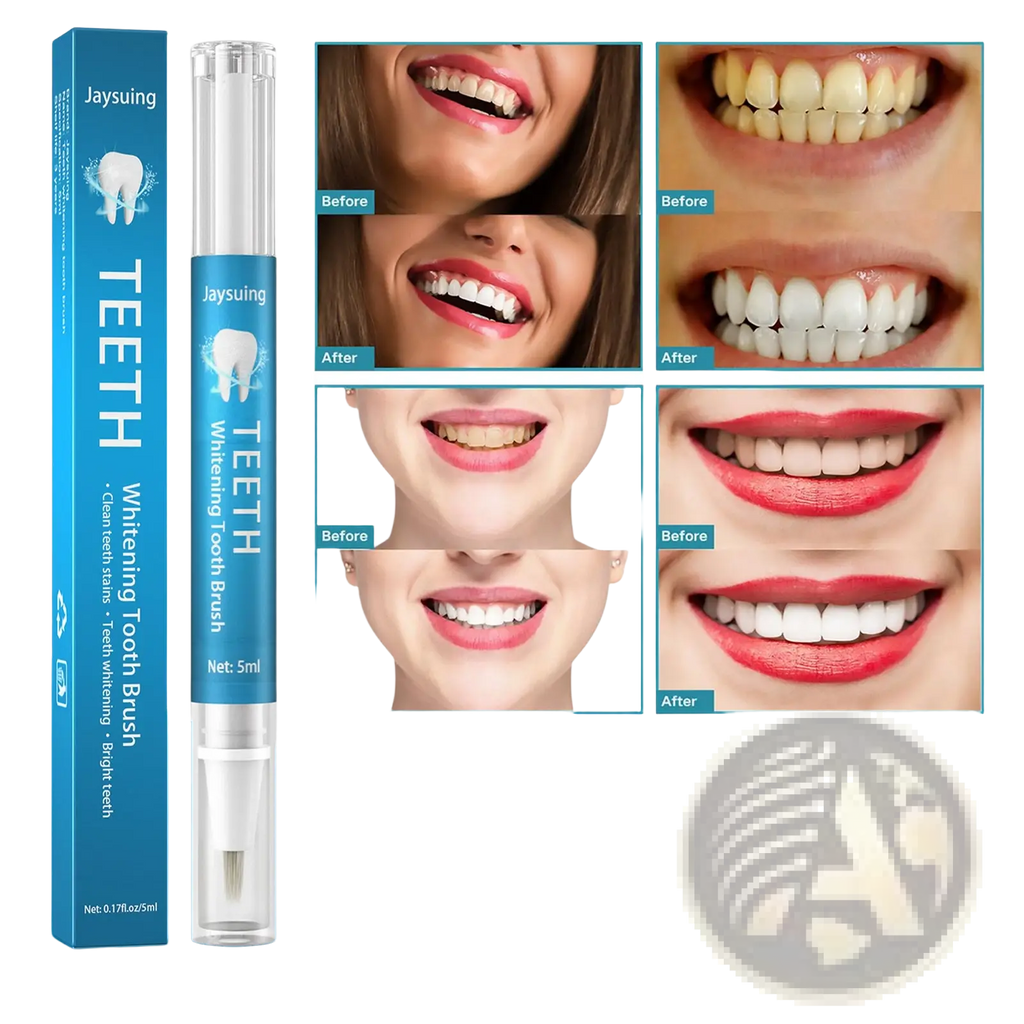 Blue and white Jaysuing herbal teeth whitening and stain remover pen with clear plastic cap for oral care