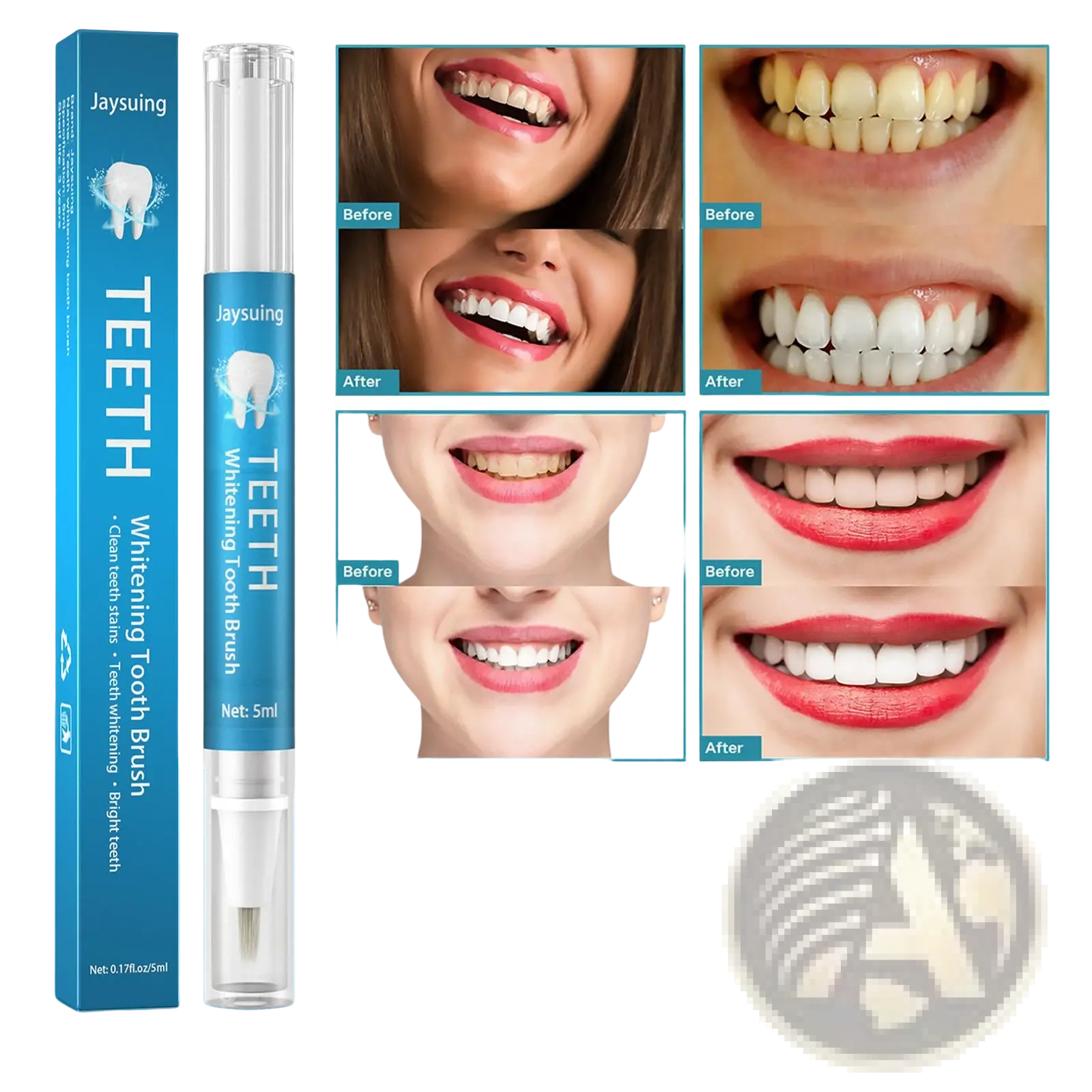Blue and white Jaysuing herbal teeth whitening and stain remover pen with clear plastic cap for oral care