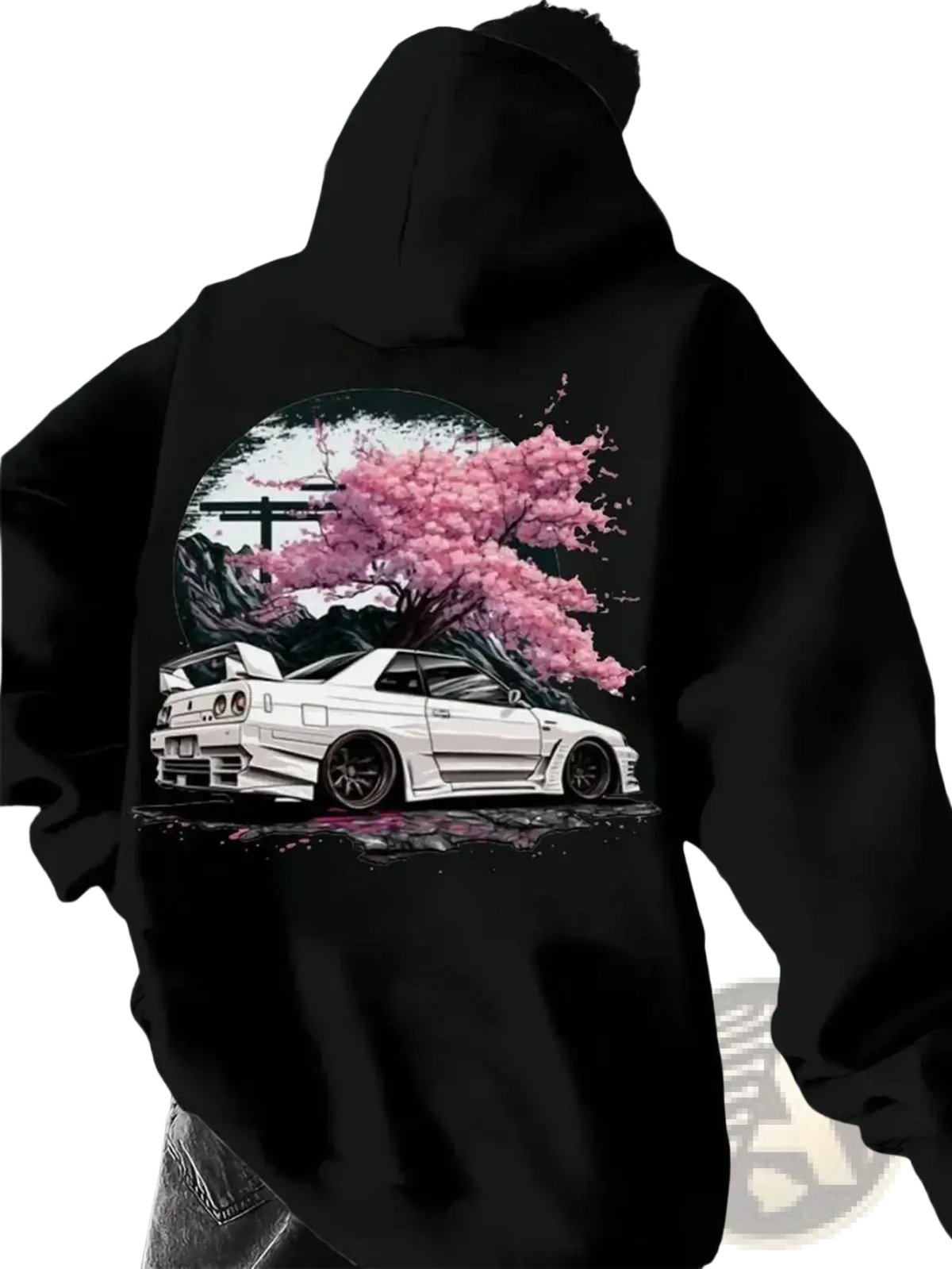 Black hoodie featuring a vibrant graphic of a white Nissan Skyline R34 with pink cherry blossoms and full moon backdrop